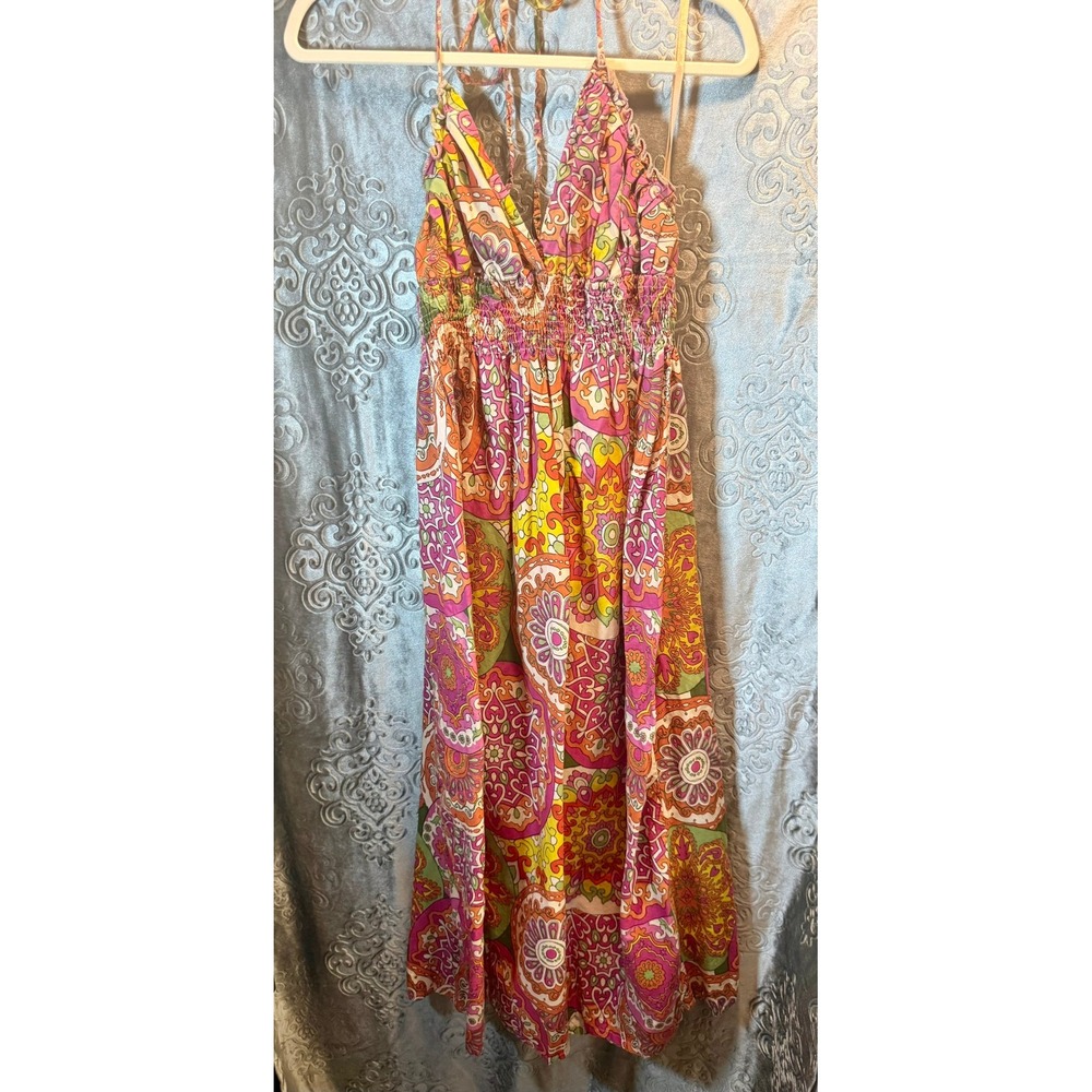 Angie Womens Small Pink Orange Paisley Floral Cotton Smocked Halter Maxi Dress
